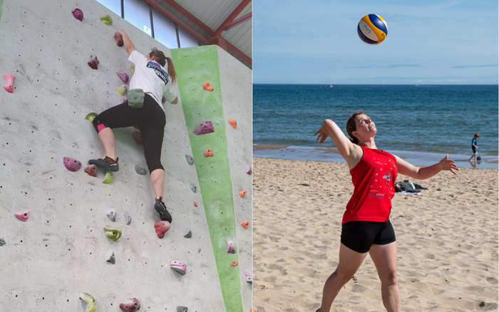 Split image showing a young woman indoor rock climbing on a wall with colourful holds and wearing a white T-shirt with the text 'Capstone' on the back, black leggings, and climbing shoes, alongside another young woman playing beach volleyball on sand by the sea, wearing a red sleeveless top and black shorts, preparing to hit a yellow and blue volleyball in mid-air. No reference to used cars or new cars visible.