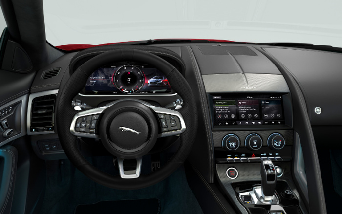 Interior view of a new Jaguar car showcasing a modern steering wheel with the Jaguar logo, digital dashboard displaying speedometer and gear in park mode, and a central touchscreen infotainment system showing radio, media, and phone options. The climate control panel beneath shows temperature settings of 19.5 and 21.0 degrees Celsius. This sleek dashboard and controls highlight the features available in new cars, appealing to buyers of used cars and new cars seeking advanced technology and luxury.