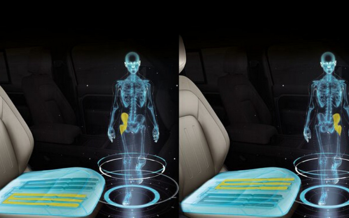 Visualization inside a car showing beige leather seats and a holographic blue skeleton figure standing on the front passenger seat. The hologram includes highlighted areas in yellow on the hip and seat, indicating safety or ergonomic features. The image suggests advanced safety technology or ergonomic seating design in new cars, relevant for used cars and new cars buyers considering vehicle safety and comfort.