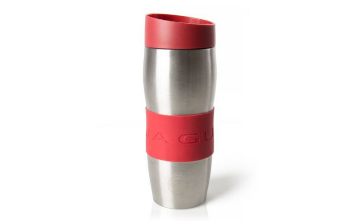 Stainless steel travel mug with red silicone grip and lid featuring the embossed text 'JAGUAR' on the grip, placed on a white background.
