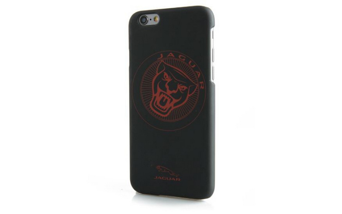 Black phone case featuring a red Jaguar logo with a growling jaguar head and the word 'JAGUAR' encircling it, along with a smaller Jaguar emblem and text at the bottom. Suitable accessory for car enthusiasts interested in used cars and new cars.