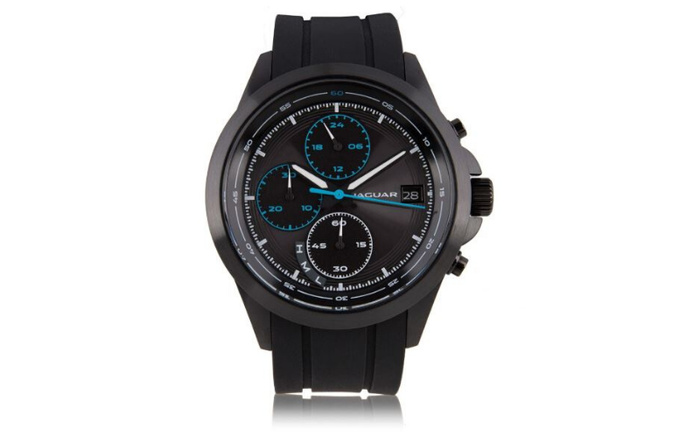 Black Jaguar wristwatch with a black rubber strap, featuring a chronograph with three sub-dials in blue and white markings, and a date display showing the 28th, isolated on a white background. The design reflects Jaguar's luxury and precision, commonly associated with new cars and high-end automotive branding.