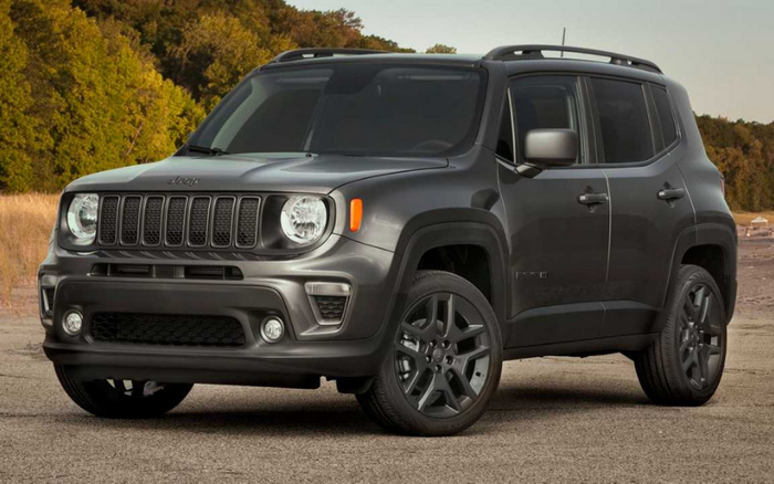 Grey Jeep Renegade SUV parked on a gravel surface with trees and bushes in the background, showcasing a modern compact design with black alloy wheels and daytime running lights, ideal for buyers interested in used cars or new cars.