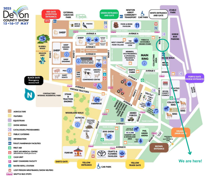 Map of the 2025 Devon County Show held on 15-17 May showing various entrances, locations, and attractions including agriculture zones, livestock areas, show arenas, public catering, and trade stands. Key features include the Main Ring, Vintage Tractors, Dog Show, Armed Forces, Crafts & Flowers Pavilion, Food & Drink Pavilion, and various animal-related areas such as sheep, pigs, dairy goats, angora goats, alpacas, and tortoises. Entrance points like Red Gate (Livestock Entrance), Green Entrance, White Entrance, Purple Gate (Horse Entrance), Brown Entrance, Yellow Entrance, and Darts Gate are clearly marked with parking and community transport options. Icons indicate facilities like information points, toilets, first aid, cash units, baby changing, water refill stations, and shuttle bus stops. A green arrow points to 'We are here!' near the Orange (Main Gate) and Collecting Ring, but the map does not specifically mention used cars or new cars.