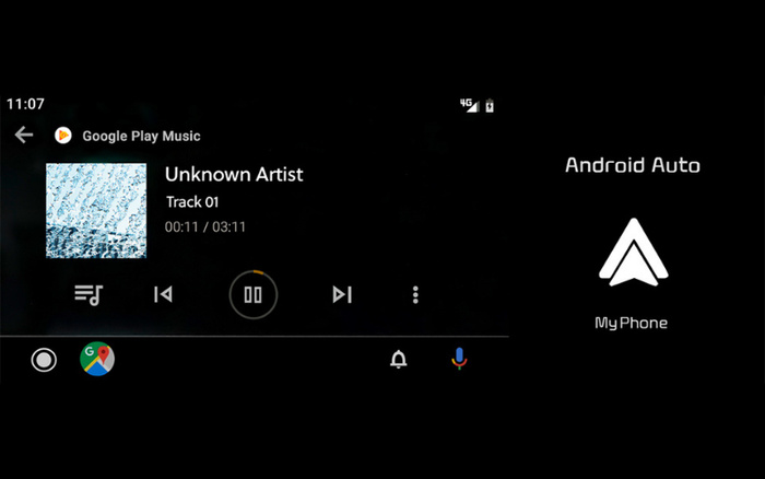 Android Auto car infotainment screen displaying Google Play Music playing Track 01 by Unknown Artist. Music playback is paused at 00:11 of 03:11. The screen shows music controls including back, pause, and forward buttons, alongside navigation app icon for Google Maps, notification bell, and microphone icon. The right side of the screen features the Android Auto logo with the text 'My Phone'. The image relates to used cars and new cars, highlighting in-car entertainment and connectivity features.