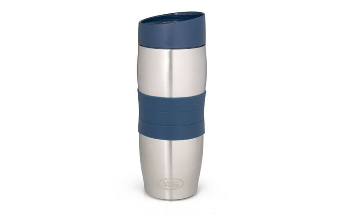 Stainless steel travel mug with blue grip and lid, embossed with the Land Rover logo, isolated on white background. Ideal promotional item for used cars and new cars dealerships.