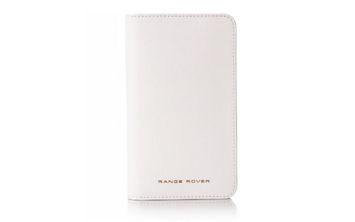 White leather Range Rover branded folder or document holder with stitched edges, suitable for holding vehicle documents related to used cars and new cars.