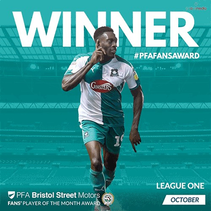 Graphic of a football player in a teal and white kit celebrating with finger pointed to head. Large text above him reads WINNER with hashtag #PFAFANSaward. Below, text states PFA Bristol Street Motors Fans' Player of the Month Award for League One, October. Bristol Street Motors logo is displayed, related to used cars and new cars dealerships.