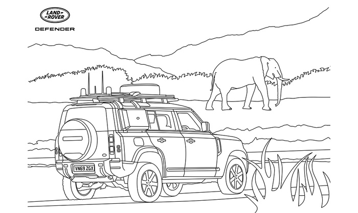 Line drawing of a Land Rover Defender vehicle with registration plate VN69 ZGX, parked outdoors near a natural landscape featuring an elephant and distant hills. The Land Rover logo and the word DEFENDER are displayed in the top left corner. The image suggests themes of adventure and wildlife. Ideal for content about used cars and new cars, especially Land Rover Defenders suitable for off-road and safari experiences.