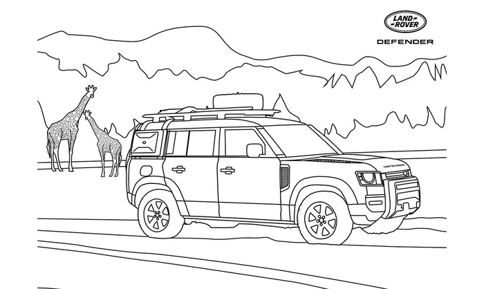 Line drawing of a Land Rover Defender SUV driving on a dirt path with two giraffes and trees in the background, mountains in the distance, and the Land Rover Defender logo in the top right corner. The vehicle features a roof rack and off-road equipment. Keywords: used cars, new cars.