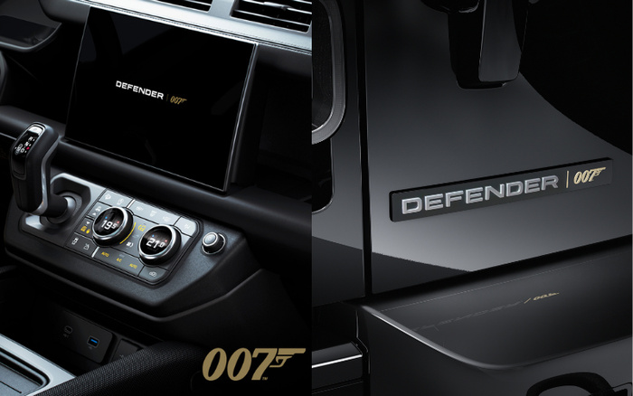 Close-up of the interior and exterior details of a Land Rover Defender 007 edition. The interior image shows the central control panel with temperature settings displayed as 19.5 and 21.0 degrees, a gear selector, and a screen displaying 'DEFENDER 007'. The exterior image highlights the 'DEFENDER 007' badge on a glossy black body panel. The image represents both used cars and new cars, focusing on the special edition Defender model linked to the 007 franchise.