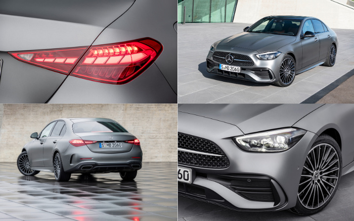Collage of images featuring a sleek matte grey Mercedes-Benz sedan, showcasing close-up views of the rear LED tail light, the front grille and headlight, a side angle of the front view, and the rear view highlighting the license plate number S MB 2060. The car is positioned in modern, minimalistic outdoor settings with concrete and tiled surfaces, perfect for advertising used cars and new cars.