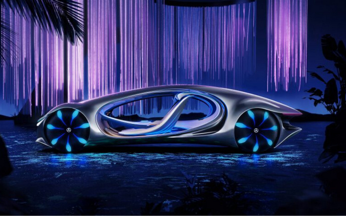 Futuristic silver concept car with sleek, aerodynamic design and large illuminated wheels featuring Mercedes-Benz logos, showcased under vertical purple neon lights with palm leaves in the background, representing innovation in used cars and new cars.