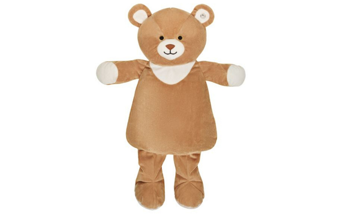 Soft brown teddy bear comforter with cream-coloured ears, paws, and chest area, featuring a stitched smiling face and small black eyes, isolated on a white background.