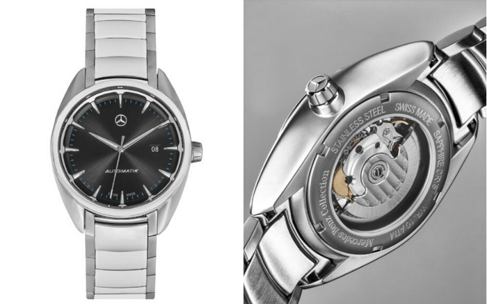 Front and back views of a Mercedes-Benz Automatik wristwatch with stainless steel bracelet. The watch features a black dial with silver and blue hour markers, silver hands, and a date display at 3 o'clock. The back of the watch reveals the automatic movement through a sapphire crystal case back, marked with 'STAINLESS STEEL,' 'SWISS MADE,' 'SAPPHIRE CRYSTAL,' 'MERCEDES-BENZ COLLECTION,' and 'WRS 7047A.' This high-quality timepiece is associated with the Mercedes-Benz brand, known for new cars and used cars.