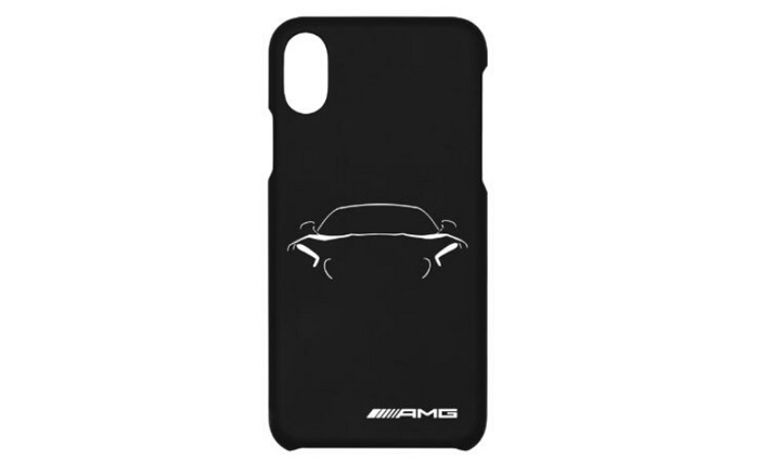 Black phone case featuring a minimalist white outline of a car front view, with stylised headlights and side mirrors, and AMG logo at the bottom right corner. Design evokes high-performance vehicles, relevant for enthusiasts of used cars and new cars.