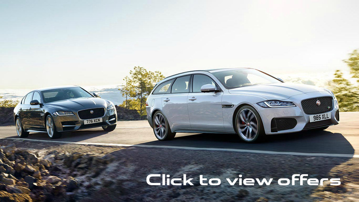 Two Jaguar cars driving on a winding road, a black sedan with registration plate 776 XCN and a silver estate car with registration plate 985 XLL, with text overlay 'Click to view offers' promoting used cars and new cars.