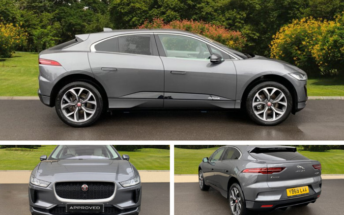 Grey Jaguar I-PACE electric car shown from side, front, and rear angles. The vehicle is parked on a tarmac surface with green foliage in the background. The front view features a black grille with the Jaguar logo and a plate labelled 'APPROVED.' The rear view displays the model name 'I-PACE,' the Jaguar emblem, and a yellow UK license plate reading 'YB69 LXA.' This image is suitable for advertising used cars and new cars.