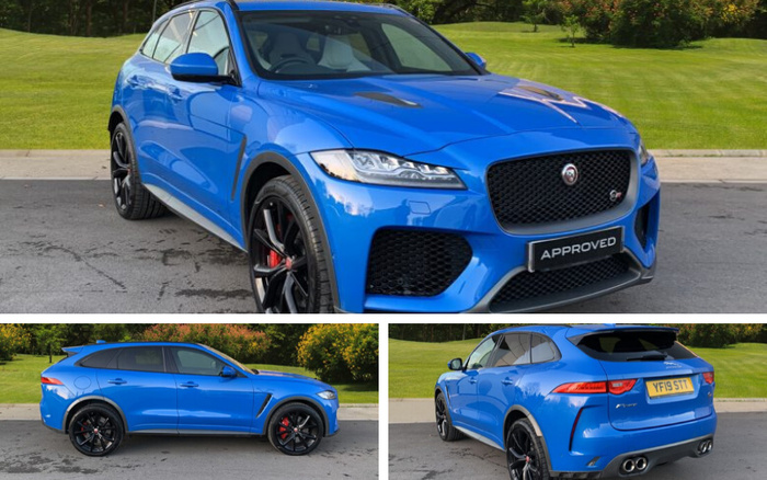 Blue Jaguar F-PACE SUV shown from front, side, and rear angles on a paved area with green grass background. The vehicle features black alloy wheels with red brake calipers, sleek headlights, and a black mesh front grille with a Jaguar badge and an 'APPROVED' licence plate. The rear view shows quad exhaust pipes and the registration plate YF19 STT. This image highlights used cars and new cars available from Jaguar, emphasising the sporty and premium design of the vehicle.