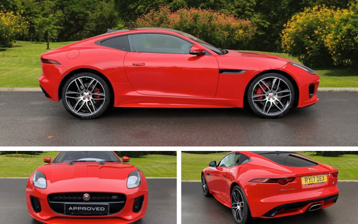 Red Jaguar F-Type sports car shown from side, front, and rear angles on a wet driveway with green bushes and grass in the background. Front view shows the 'APPROVED' license plate indicating a certified vehicle, while the rear view displays the UK registration number 'RY17 DEX'. The sleek design features alloy wheels and distinctive headlights, highlighting its status as a premium, sporty car available among used cars and new cars.