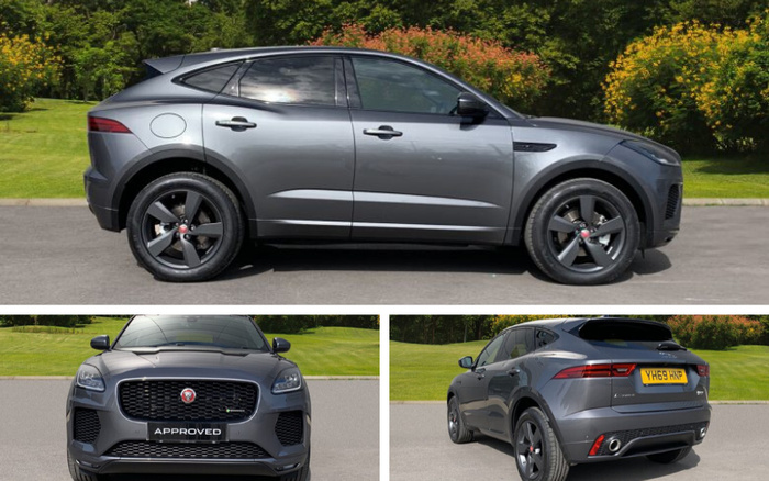 Grey Jaguar E-PACE SUV shown from side, front, and rear views on a paved surface with grass and shrubs in the background. The front view shows a black mesh grille with a Jaguar badge and an 'APPROVED' sign on the number plate area. The rear view shows a yellow UK number plate with registration YH69 HXP, dual exhausts, and Jaguar and E-PACE badges. The car is a used vehicle suitable for purchasers looking for both used cars and new cars options.