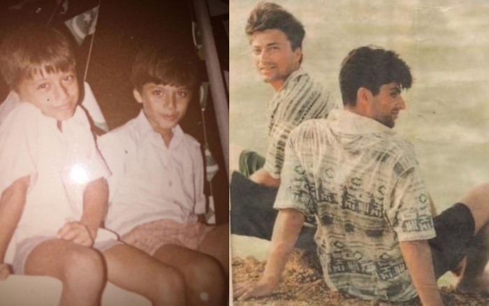 Side-by-side photographs showing two boys in each image; the left image depicts two young boys sitting closely, wearing light casual clothes indoors with a slight glare on the photo, while the right image captures two young men sitting outdoors on a grassy or sandy surface, facing away and to the side, both wearing patterned shirts. The images contain no visible text or reference to used cars or new cars.