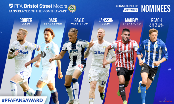 Graphic for PFA Bristol Street Motors Fans' Player of the Month Award nominees for Championship September featuring football players Cooper from Leeds, Dack from Blackburn, Gayle from West Brom, Jansson from Leeds, Maupay from Brentford, and Reach from Sheffield Wednesday with the hashtag #PFAFANSAWARD and Bristol Street Motors logo, optimised for used cars and new cars.