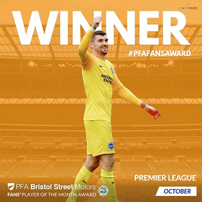 Football player in yellow goalkeeper kit celebrating with raised arm in a stadium. Text reads WINNER #PFAFANSAWARD, PREMIER LEAGUE OCTOBER. PFA Bristol Street Motors Fans' Player of the Month Award logo at the bottom left. Bright orange background with stadium seating details. Keywords used cars, new cars.