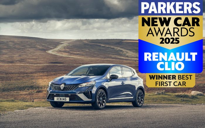 Blue Renault Clio parked on a rural road with rolling hills in the background. A badge in the top right corner reads 'PARKERS New Car Awards 2025 Renault Clio Winner Best First Car'. The image highlights the Renault Clio as a top choice in new cars, relevant for those interested in both used cars and new cars.