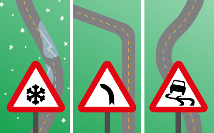 Illustration of three road warning signs against winding roads on a green background with snowflakes. The first sign shows a snowflake symbol warning of icy conditions with a curvy road and icy patches. The second sign depicts a sharp curve to the left. The third sign indicates slippery road conditions with a car leaving skid marks. These signs are important considerations for safe driving of used cars and new cars in variable weather and road conditions.