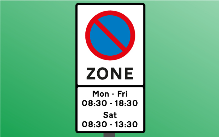 No parking zone sign featuring a red circle with a blue background and a red diagonal line, indicating no stopping. Below the symbol, text reads 'ZONE' with parking restrictions from Monday to Friday, 08:30 to 18:30, and Saturday, 08:30 to 13:30. Image on a green gradient background, relevant for users browsing used cars and new cars to be aware of parking limitations.