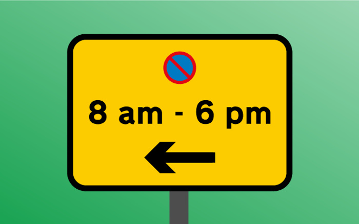Yellow road sign with a no parking symbol and text stating '8 am - 6 pm' with a black left arrow, indicating no parking or stopping from 8 am to 6 pm to the left, relevant for used cars and new cars parking regulations.