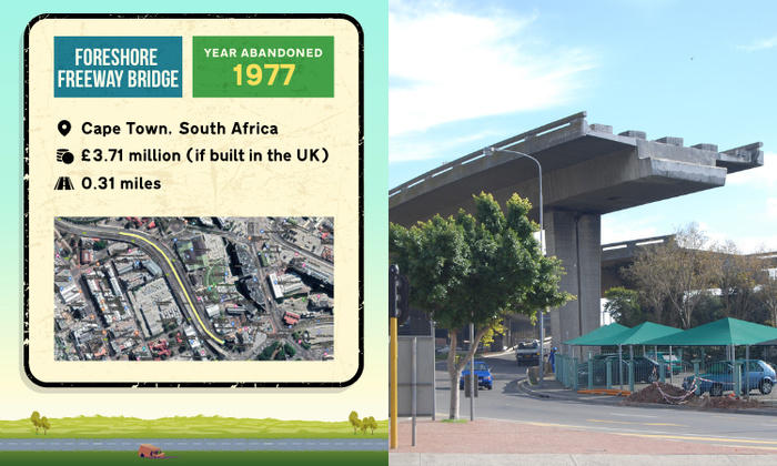 Information card about the Foreshore Freeway Bridge in Cape Town, South Africa, abandoned in 1977, valued at £3.71 million if built in the UK, and measuring 0.31 miles, alongside a photo showing the unfinished concrete bridge structure over a road with trees and parked cars beneath green canopies, relevant to used cars and new cars in the area.