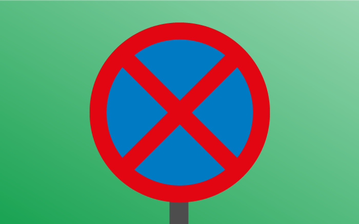 No stopping traffic sign with a red border and blue background featuring a red diagonal cross on a green gradient backdrop. The image does not contain text related to used cars or new cars.