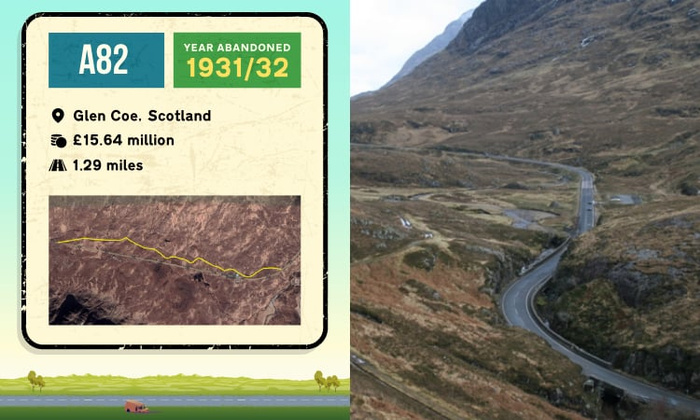 Information panel and aerial view of abandoned A82 road in Glen Coe, Scotland, abandoned in 1931/32, costing £15.64 million and spanning 1.29 miles. The image shows a winding road through mountainous terrain, with detailed text about the location and historical context. Optimised for keywords used cars, new cars.