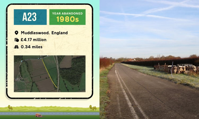 Image showing information about the A23 road near Muddleswood, England, abandoned in the 1980s. The sign details include the location in Muddleswood, England, a cost of £4.17 million, and a length of 0.34 miles, with a map highlighting the area. On the right side, a photo of the deserted A23 road surrounded by fields and distant trees under a clear blue sky. Keywords used cars, new cars.