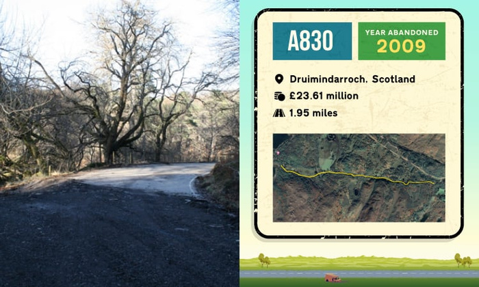Photo of the abandoned A830 road in Druimindarroch, Scotland, showing a narrow, worn asphalt road curving around bare trees under a clear sky. Accompanying infographic details: A830, Year abandoned 2009, Location Druimindarroch Scotland, Cost £23.61 million, Length 1.95 miles, with a satellite image of the road's path. Keywords related to used cars and new cars do not appear relevant to this image.