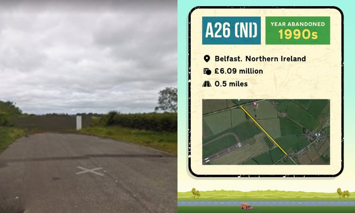 Image showing the abandoned A26 road in Northern Ireland near Belfast, with a photo of a closed, overgrown tarmac road under cloudy skies. The accompanying infographic details the A26 (NI) road abandoned in the 1990s, located in Belfast, Northern Ireland, costing £6.09 million and stretching 0.5 miles, with an aerial map showing the road's layout. Keywords relevant to used cars and new cars in the context of road infrastructure.