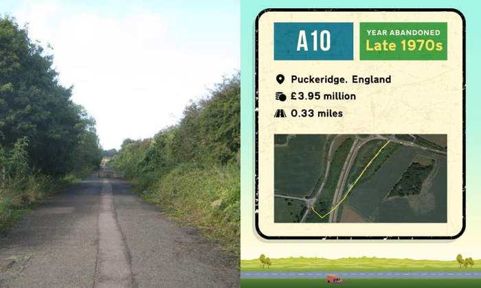 Abandoned A10 road in Puckeridge, England, left unused since the late 1970s. The image shows a narrow, overgrown asphalt road with bushes and trees on both sides. An information card highlights its location, a cost of £3.95 million, and length of 0.33 miles, with an aerial map showing the route. The scene is relevant for topics related to used cars and new cars in the context of old road infrastructure.