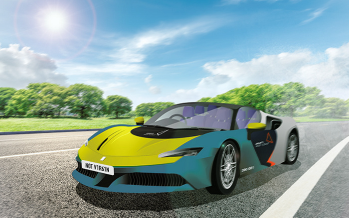 A stylish yellow and blue sports car driving on a sunny road with green trees and a blue sky in the background. The car has a personalised number plate reading 'NOT V1R61N'. Text on the side of the car reads 'ARMIENT USED CARS' and '3190 0891', promoting both new cars and used cars.