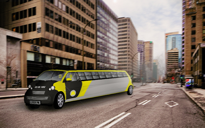 A long yellow, black, and silver limousine parked on a city street surrounded by tall office buildings. The limousine has the text '03 08 1892' on the front hood and a logo with the letter 'M' on the side door. The vehicle's licence plate reads 'LTY30R PML'. The street is empty with clear road markings and the scene depicts an urban downtown area under a partly cloudy sky. Image does not show any used cars or new cars directly but could suggest urban transportation options.
