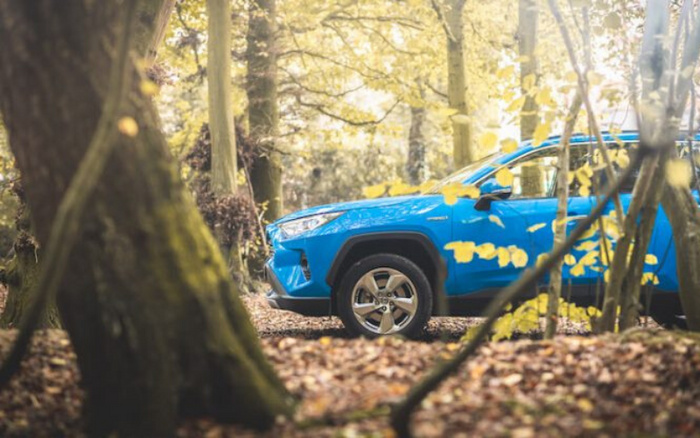 Blue Toyota RAV4 parked in a forest with autumn leaves on the ground and trees surrounding the vehicle, showcasing a sleek design and alloy wheels, ideal for used cars and new cars buyers seeking an adventurous and stylish SUV.