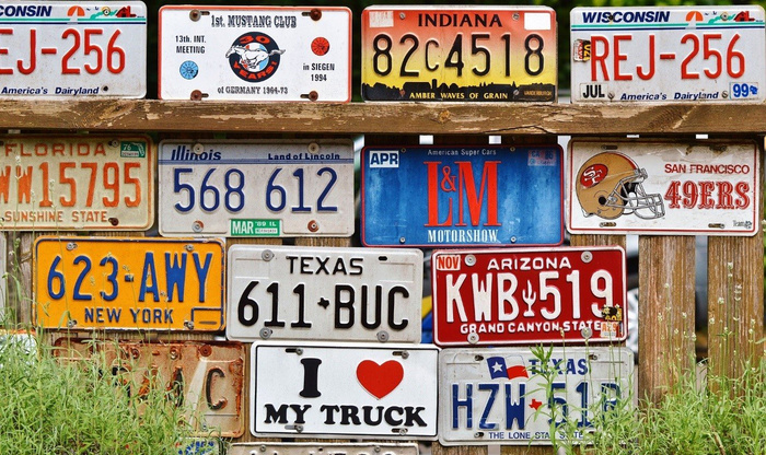 Collection of vintage US license plates displayed on a wooden fence, including Wisconsin REJ-256, 1st Mustang Club Germany 1964-73 meeting 1994, Indiana 82c4518 with amber waves of grain, Florida WW15795 Sunshine State, Illinois 568 612 Land of Lincoln with March 1989 sticker, orange and blue New York 623-AWY plate, Texas 611 BUC, red Arizona KWB 519 Grand Canyon State with November sticker, blue L&M Motorshow American Super Cars plate, San Francisco 49ers plate with helmet logo, white 'I love my truck' plate, and Texas HZW 5151 The Lone Star State plate. The image highlights a rustic display often associated with used cars and new cars enthusiasts.