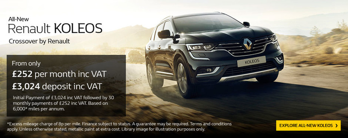 All-New Renault KOLEOS crossover by Renault driving on a road with hills in the background. Advertisement shows financing offer: From only £252 per month including VAT, £3,024 deposit including VAT. Initial payment of £3,024 including VAT followed by 30 monthly payments of £252 including VAT. Based on 6,000 miles per annum. Terms and conditions apply, excess mileage charge, and metallic paint extra cost noted. Yellow button prompts to Explore All-New KOLEOS. Keywords: used cars, new cars.