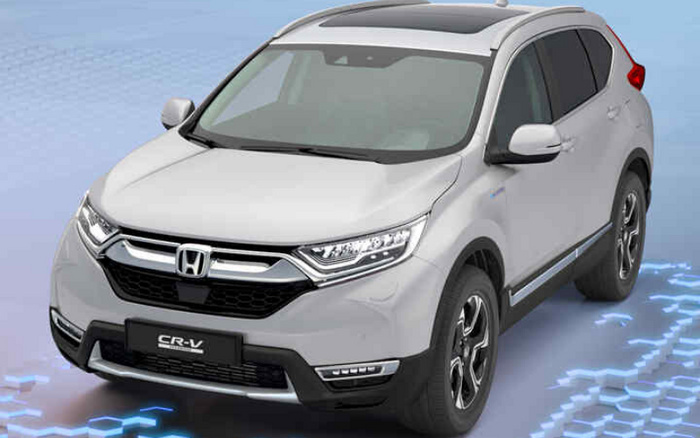 White Honda CR-V new cars model displayed on a digital hexagonal pattern background, showcasing front and side design with LED headlights and alloy wheels, ideal for used cars and new cars buyers.