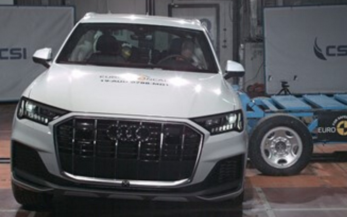White Audi car undergoing a crash test in a controlled environment with visible crash test dummy inside, front view showing detailed grille and headlights, labelled with text on the bonnet 'EURO NCAP Crash Test', background includes testing equipment and signage. Image related to evaluating safety standards for both used cars and new cars.