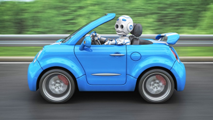 Side view of a small, bright blue convertible car driven by a white and blue robot figure with large round eyes, speeding on a road with a blurred green backdrop. The compact sporty car is depicted in motion, ideal for illustrating concepts of used cars and new cars in the automotive market.