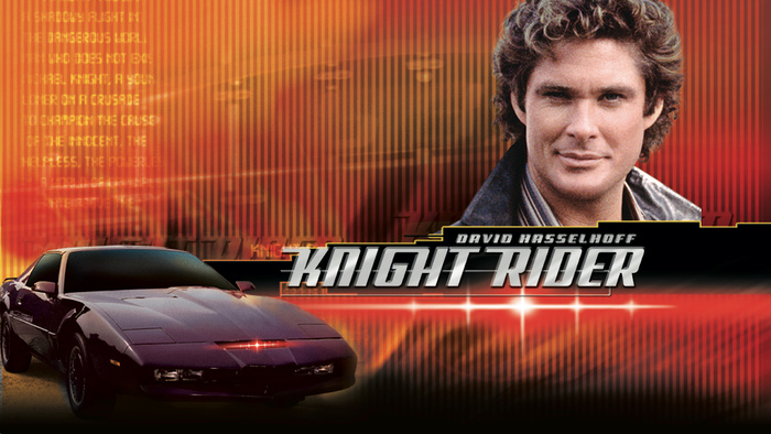 Promotional image for the TV show Knight Rider featuring David Hasselhoff with a black futuristic car in the foreground against an orange and red background with vertical stripes. Text reads 'David Hasselhoff Knight Rider.' Background contains partially visible text referencing a 'dangerous world' and a 'knight, a soul on a crusade,' highlighting themes of justice and heroism. The image evokes classic used cars and new cars from the 1980s era related to the show.