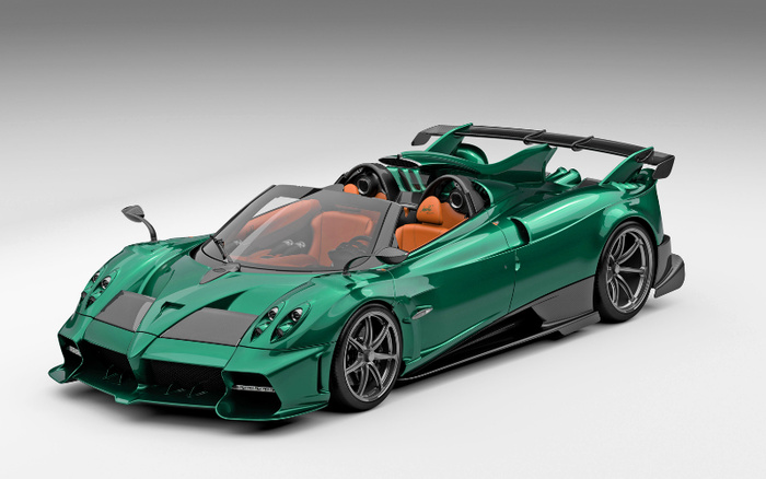 Green luxury convertible sports car with sleek aerodynamic design and tan leather interior, shown on a plain grey background, representing high-end new cars, suitable for a used cars and new cars dealership or promotional content.
