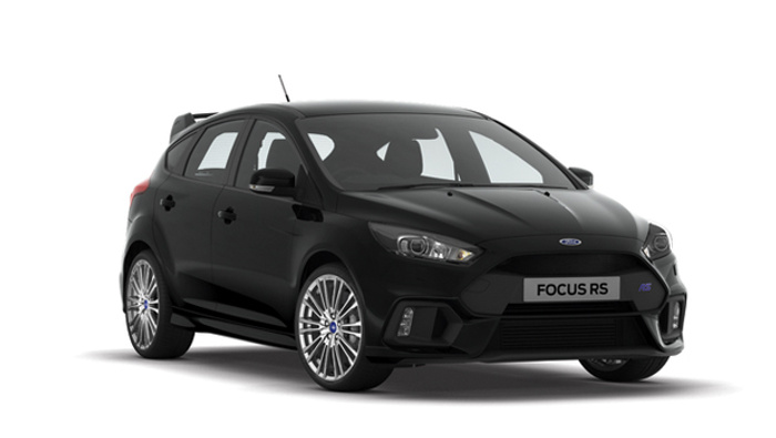 Black Ford Focus RS hatchback car angled to show front and side view with clear 'FOCUS RS' licence plate, isolated on a white background, suitable for used cars and new cars advertising.